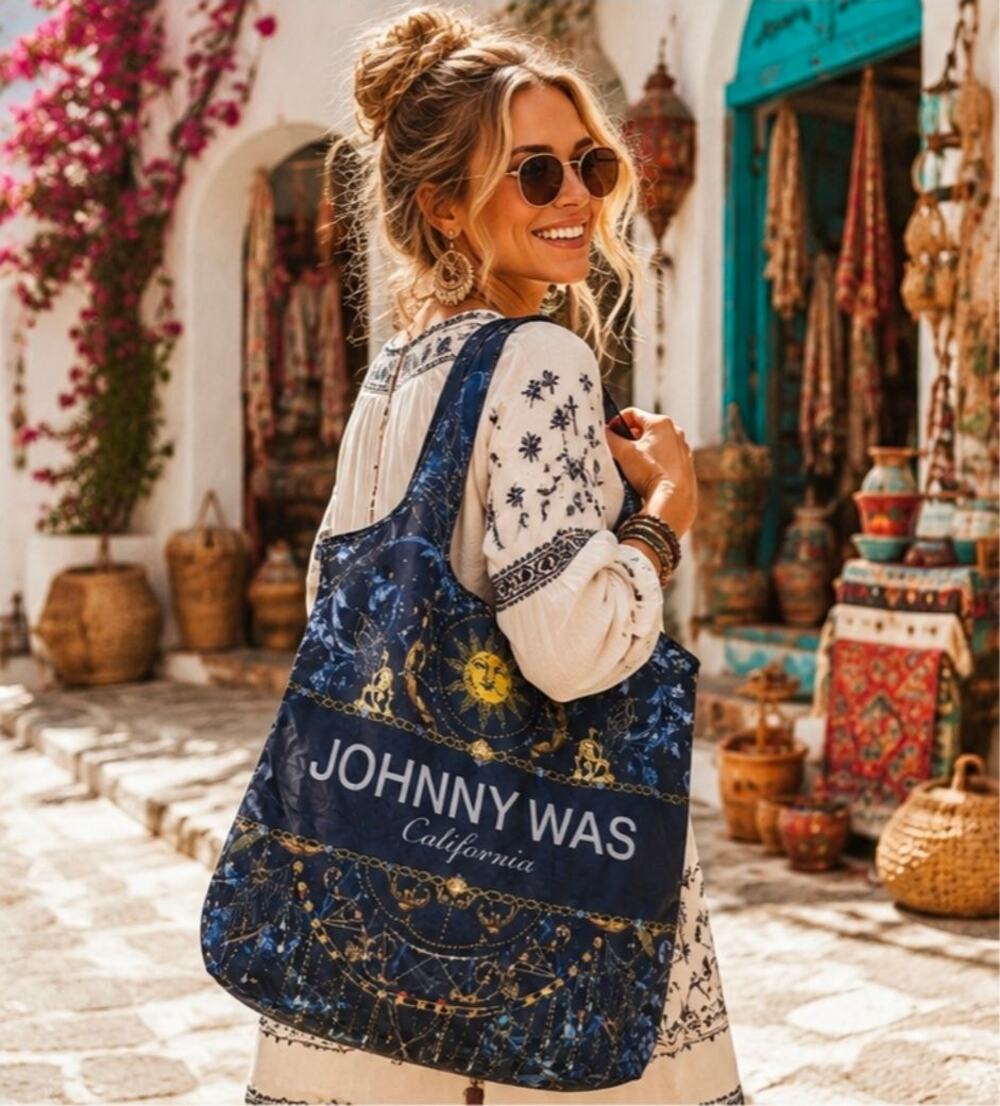 Johnny Was Celestial Packable Tote | Boho Sun Moon Foldable Shopping Bag